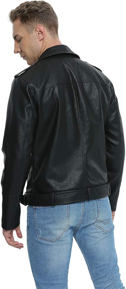 Men’s Classic Black Leather Biker Jacket with Belt